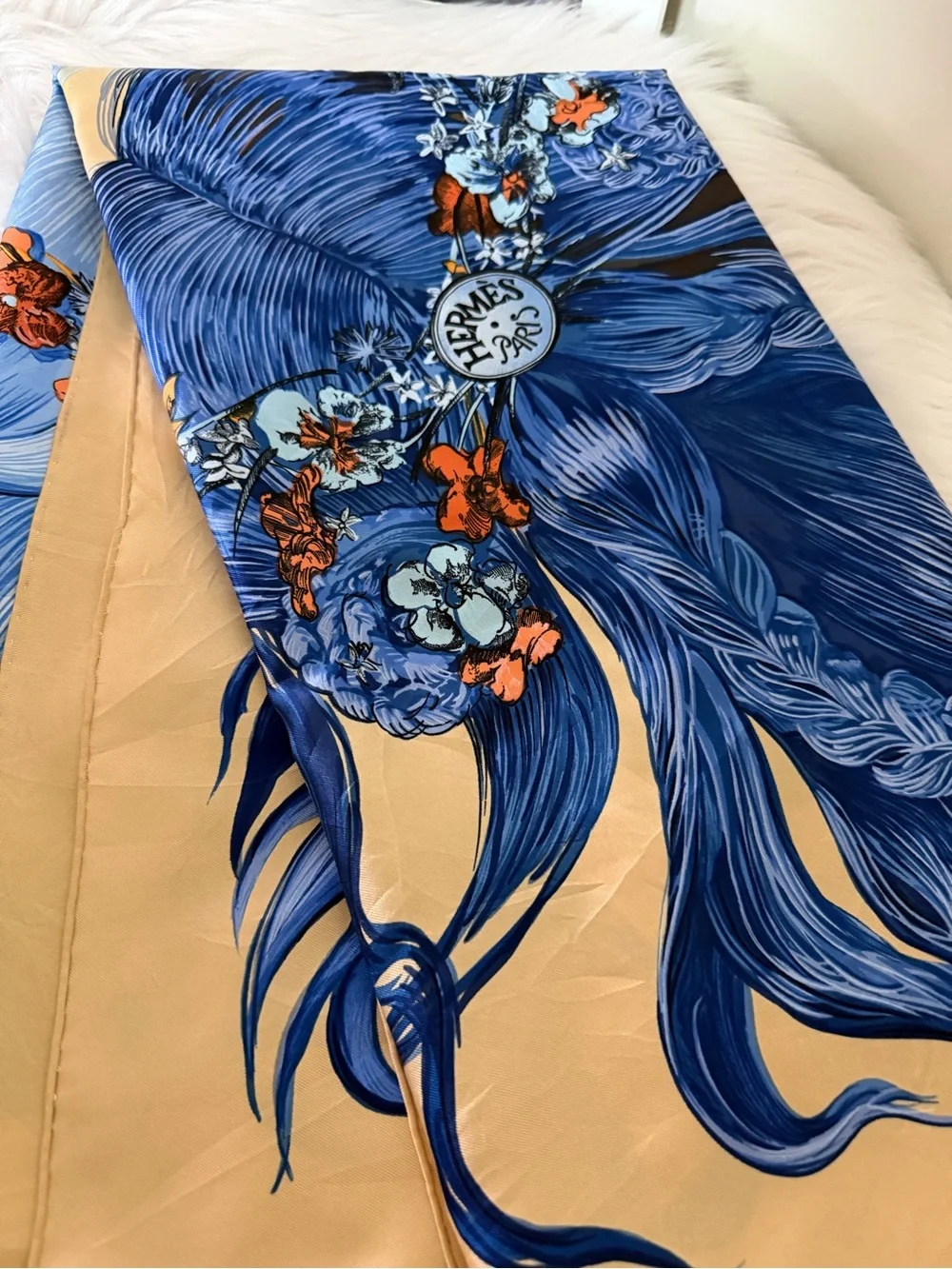 Hermès Eva Blue Floral Goddess Silk Scarf.